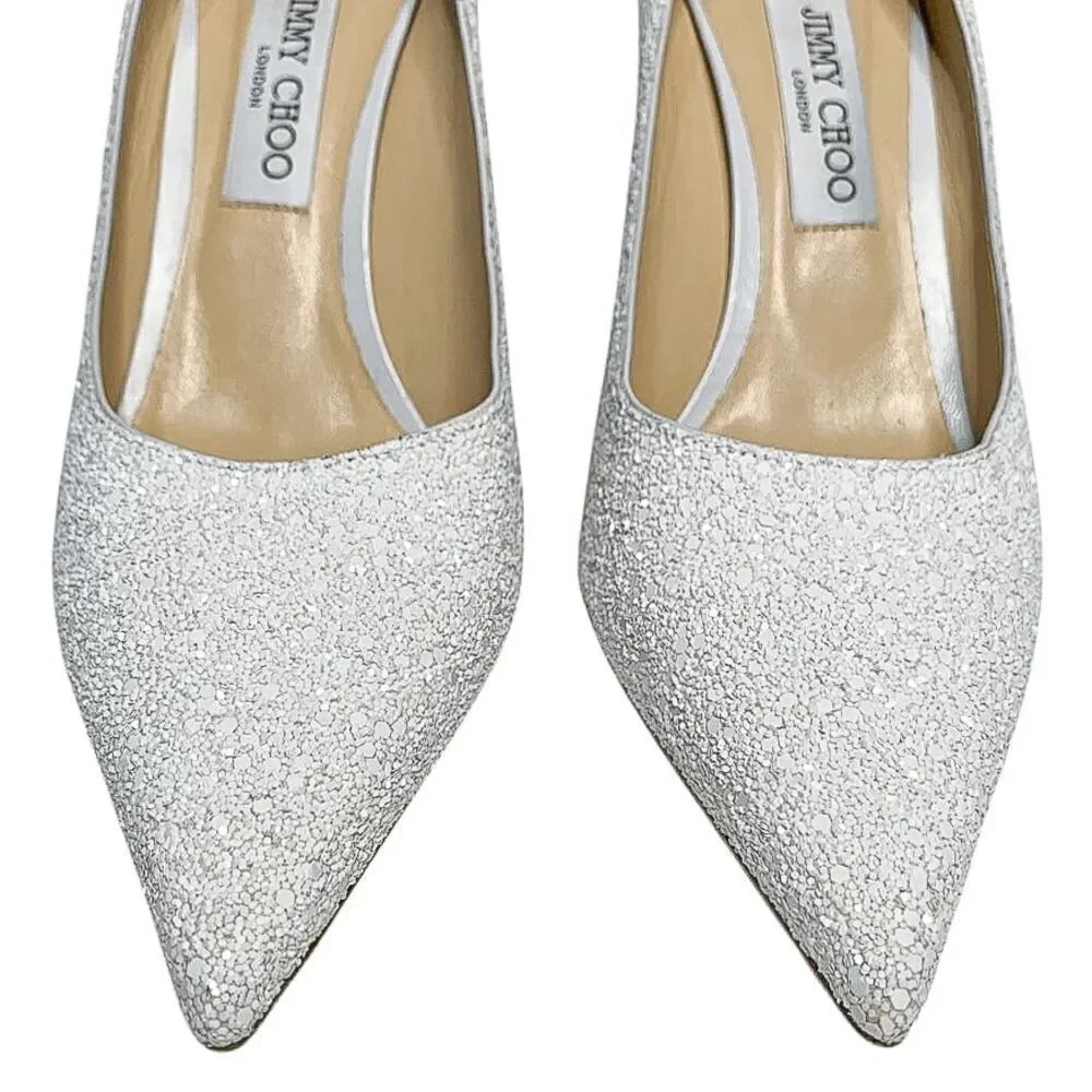 Jimmy Choo Love 85 White Coarse Glitter Heels EU 40.5 Slip On Wedding Pumps